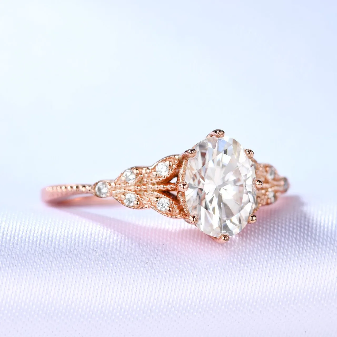 Oval Moissanite Engagement Ring 6x8mm Art Deco Rose Gold Wedding Ring Vintage Promise Ring