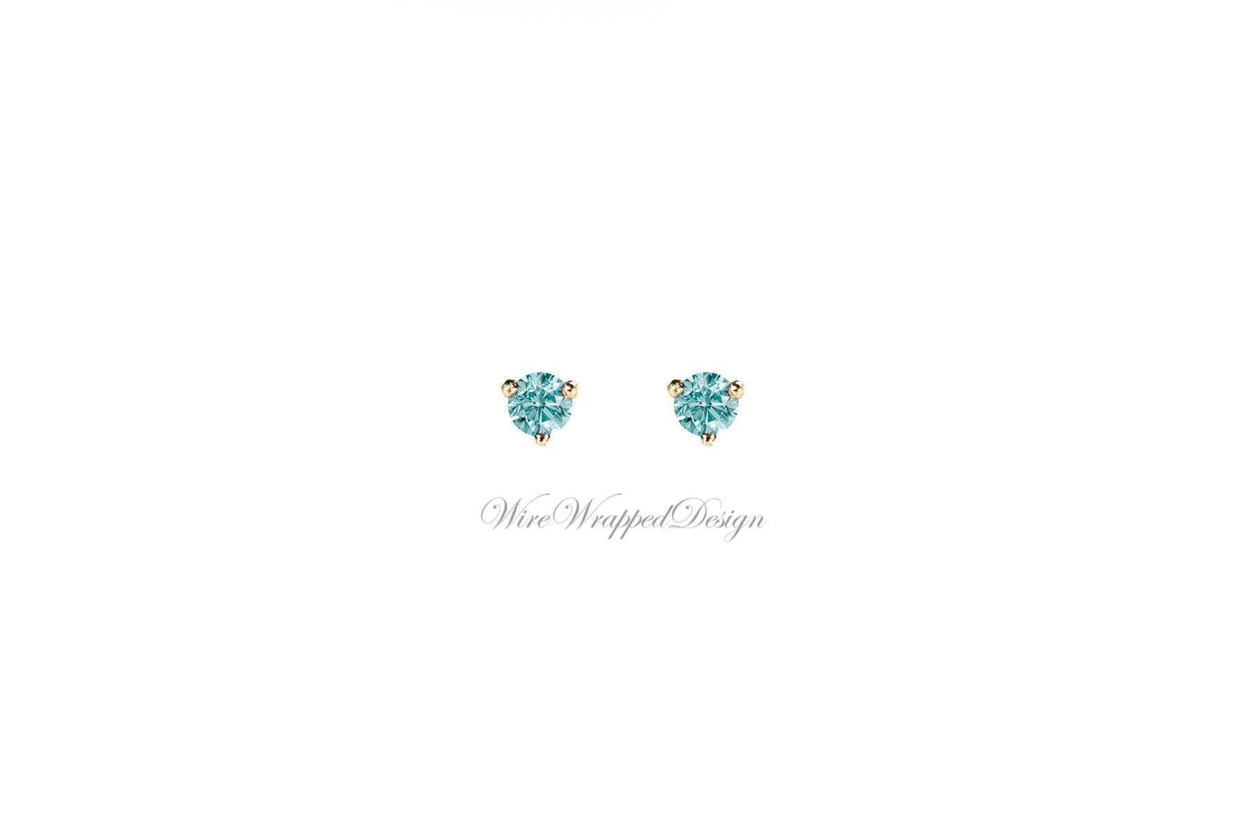 PAIR Genuine Aqua BLUE DIAMOND Earrings Studs 3mm 0.2tcw Martini 14k Solid Gold (Yellow, Rose, White) Platinum Silver Cartilage Helix Tragus