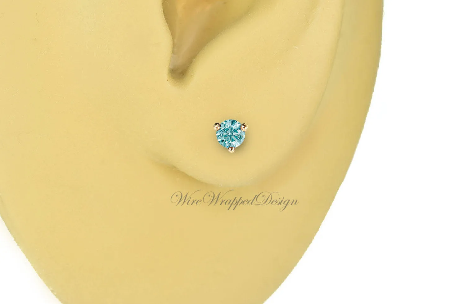 PAIR Genuine Aqua BLUE DIAMOND Earrings Studs 3mm 0.2tcw Martini 14k Solid Gold (Yellow, Rose, White) Platinum Silver Cartilage Helix Tragus