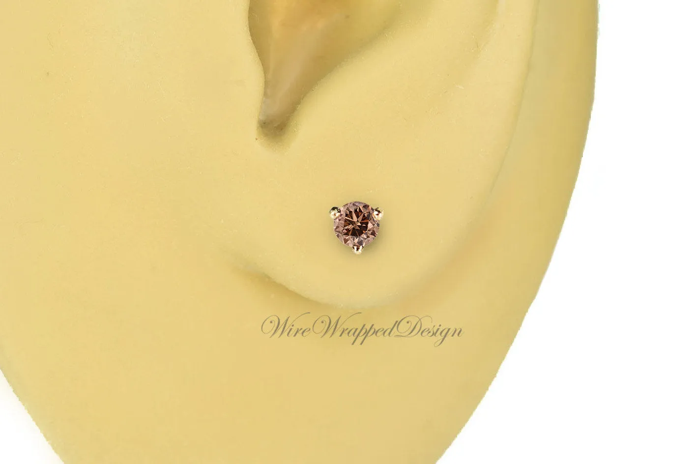 PAIR Genuine COGNAC DIAMOND Earrings Studs 3mm 0.2tcw Martini 14k Solid Gold (Yellow, Rose, White) Platinum Silver Cartilage Tragus Brown
