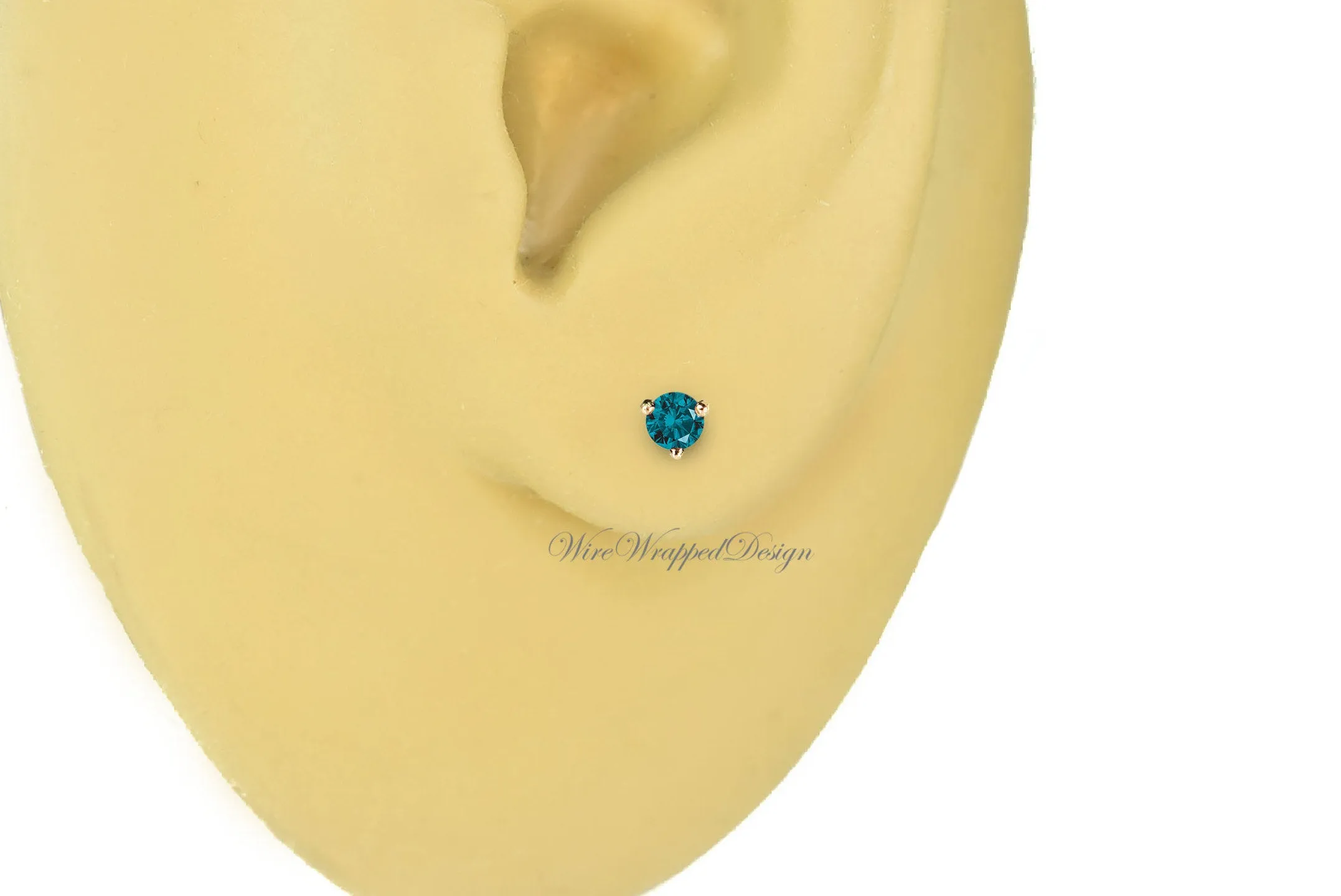 PAIR Genuine Teal BLUE DIAMOND Earrings Studs 2.5mm 0.12tcw Martini 14k Solid Gold (Yellow, Rose, White) Platinum Silver Cartilage Helix