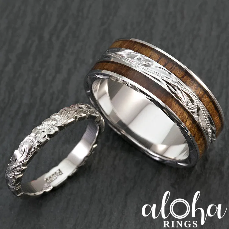 Pair of Hand Engraved Platinum and Sterling Silver Wedding Ring Set with Hawaiian Koa Wood Inlay