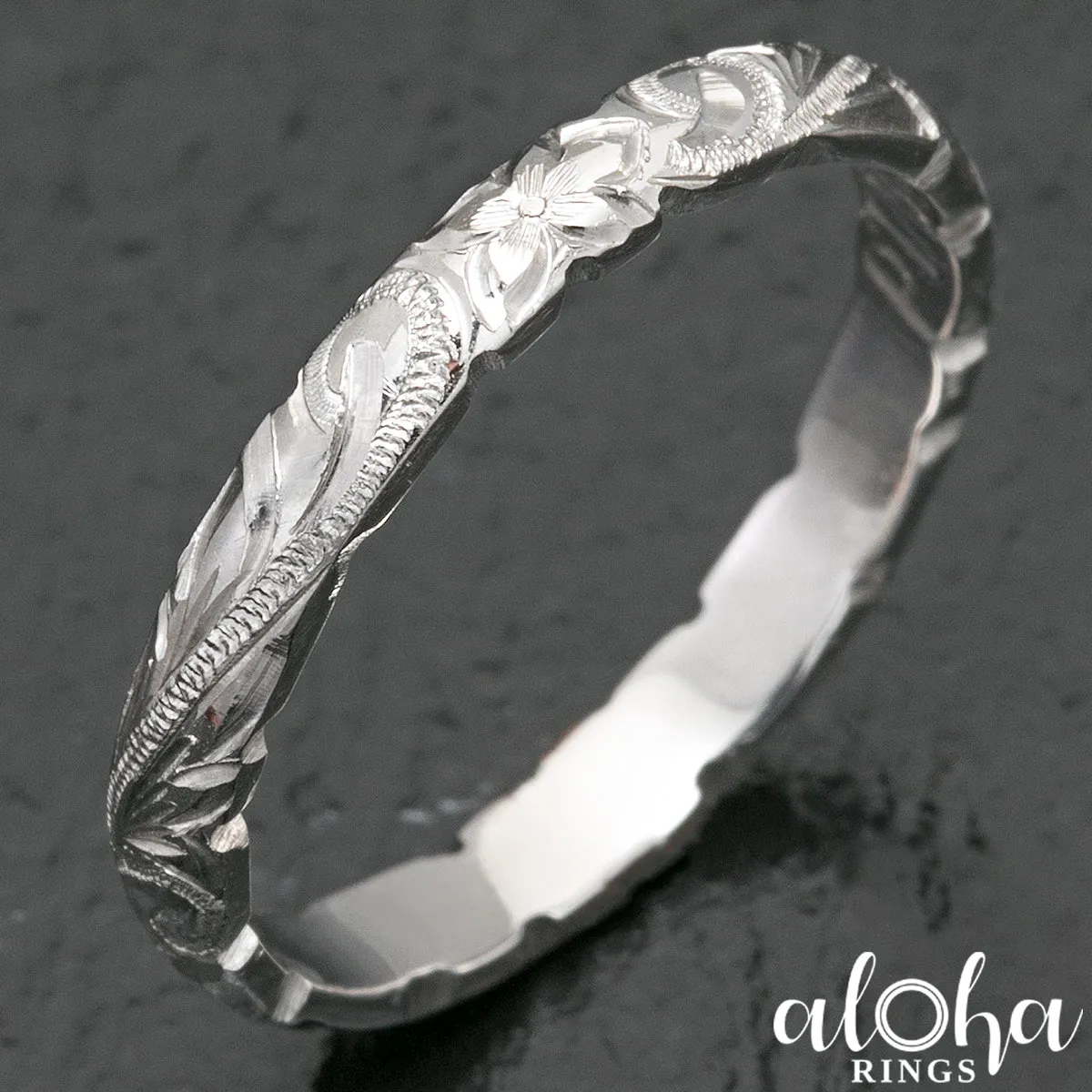 Pair of Hand Engraved Platinum and Sterling Silver Wedding Ring Set with Hawaiian Koa Wood Inlay