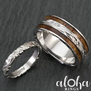 Pair of Hand Engraved Platinum and Sterling Silver Wedding Ring Set with Hawaiian Koa Wood Inlay