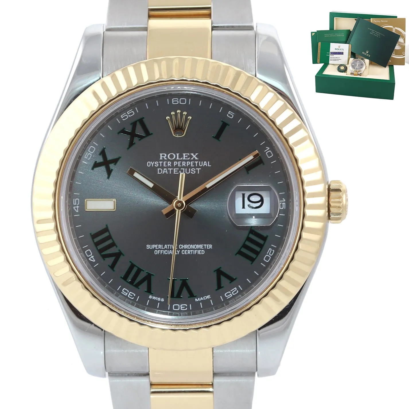 PAPERS 2014 Rolex Datejust 2 Wimbledon Slate Roman116333 Two-Tone Gold Watch