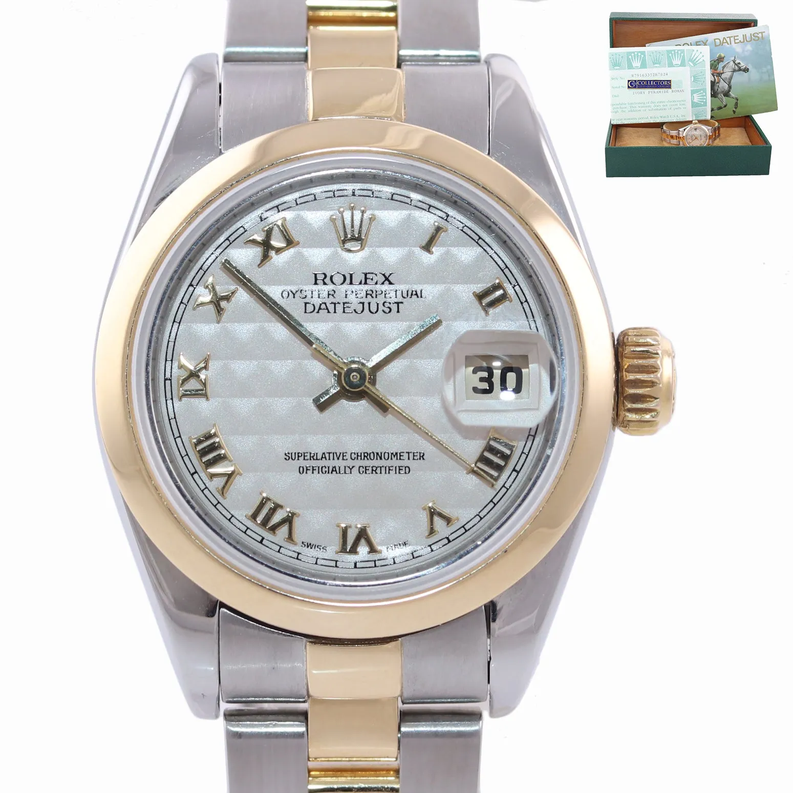 PAPERS MINT Ladies Rolex DateJust 79163 18k Gold Two Tone 26mm Pyramid Watch