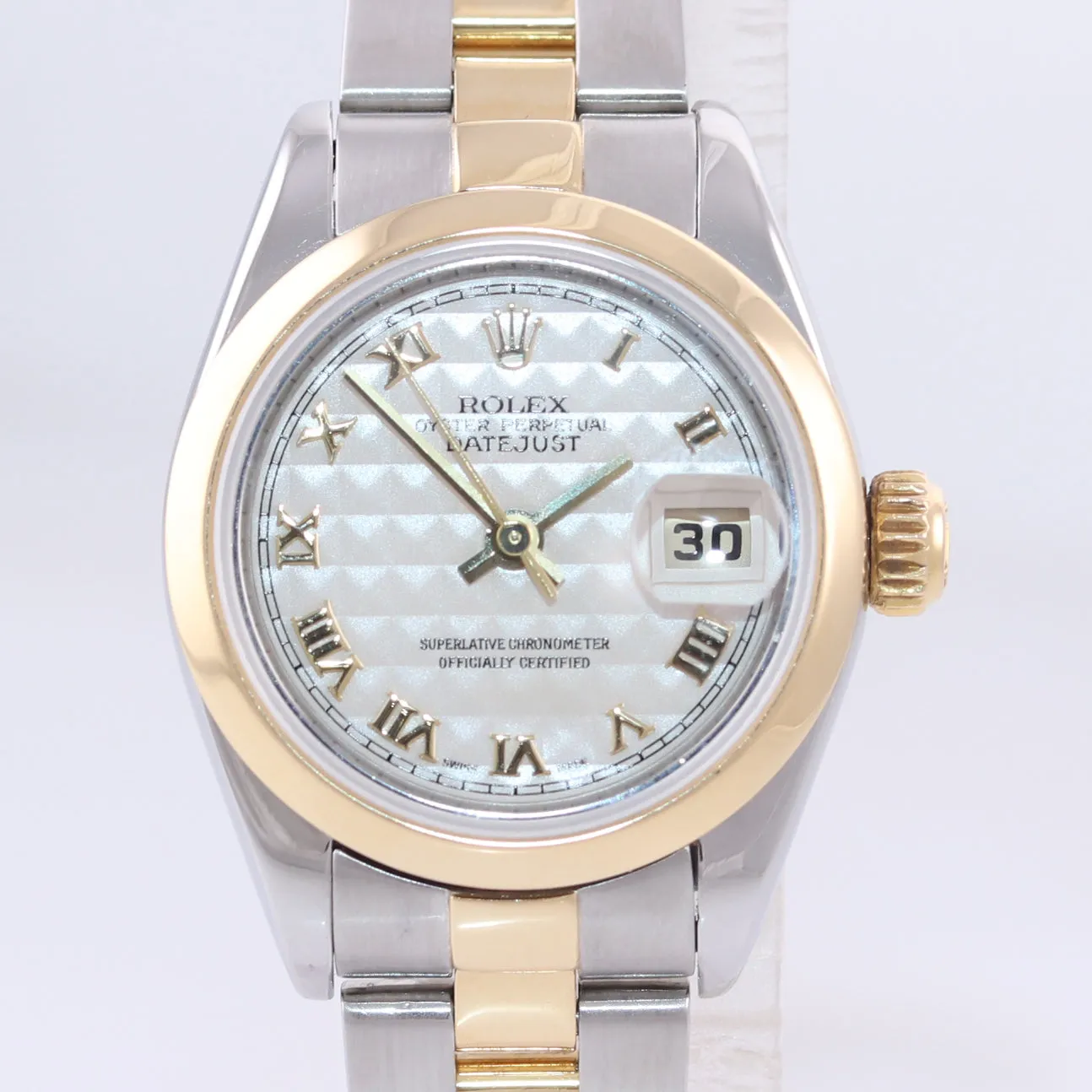 PAPERS MINT Ladies Rolex DateJust 79163 18k Gold Two Tone 26mm Pyramid Watch