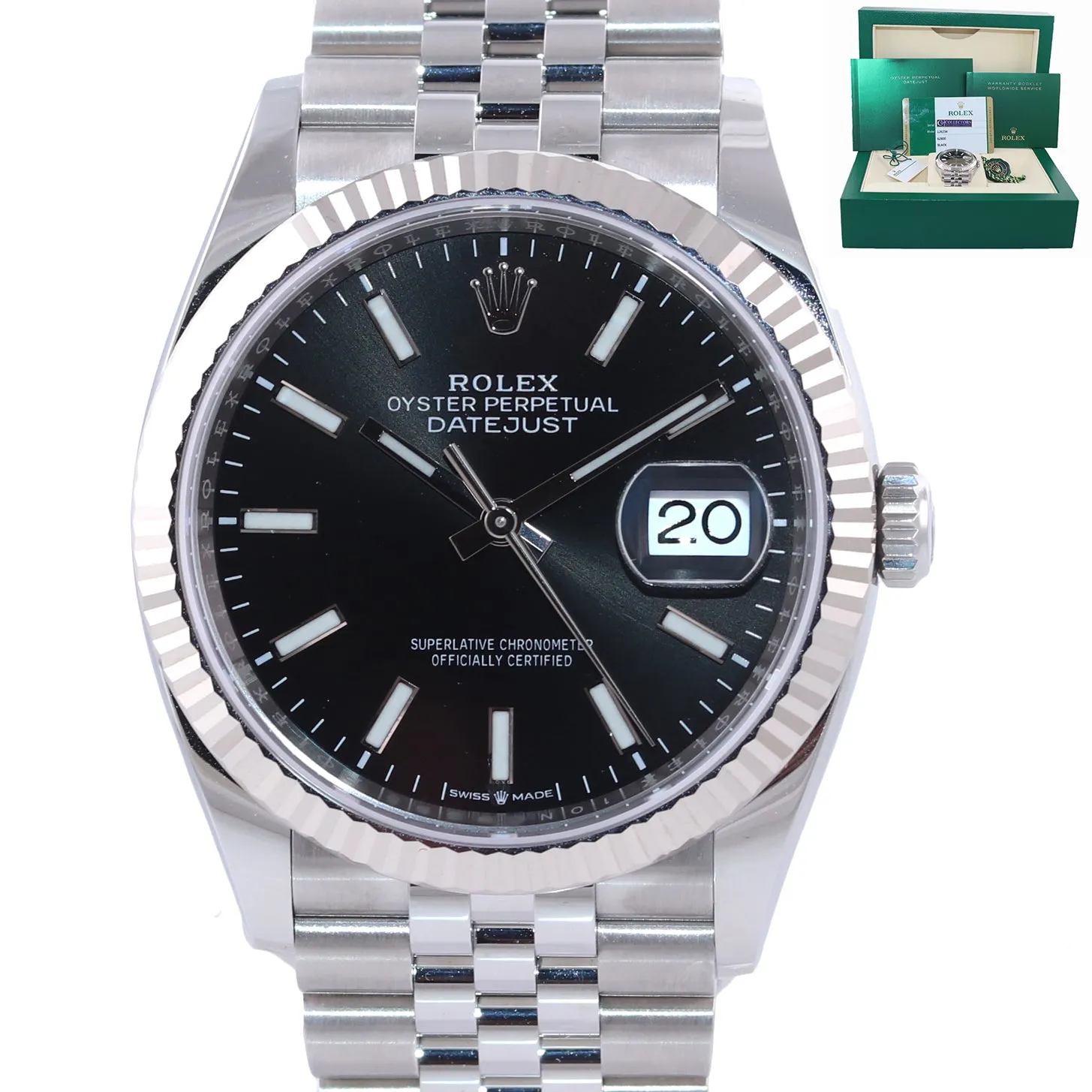 PAPERS NEW 2019 Rolex DateJust Black Stick 36mm 126234 Steel Jubilee Watch Box