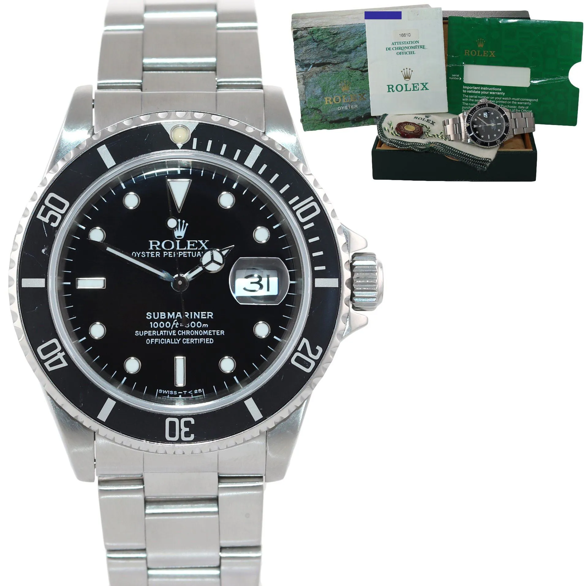 PAPERS TRITIUM DIAL Rolex Submariner Date 16610 Steel Black 40mm Watch Box
