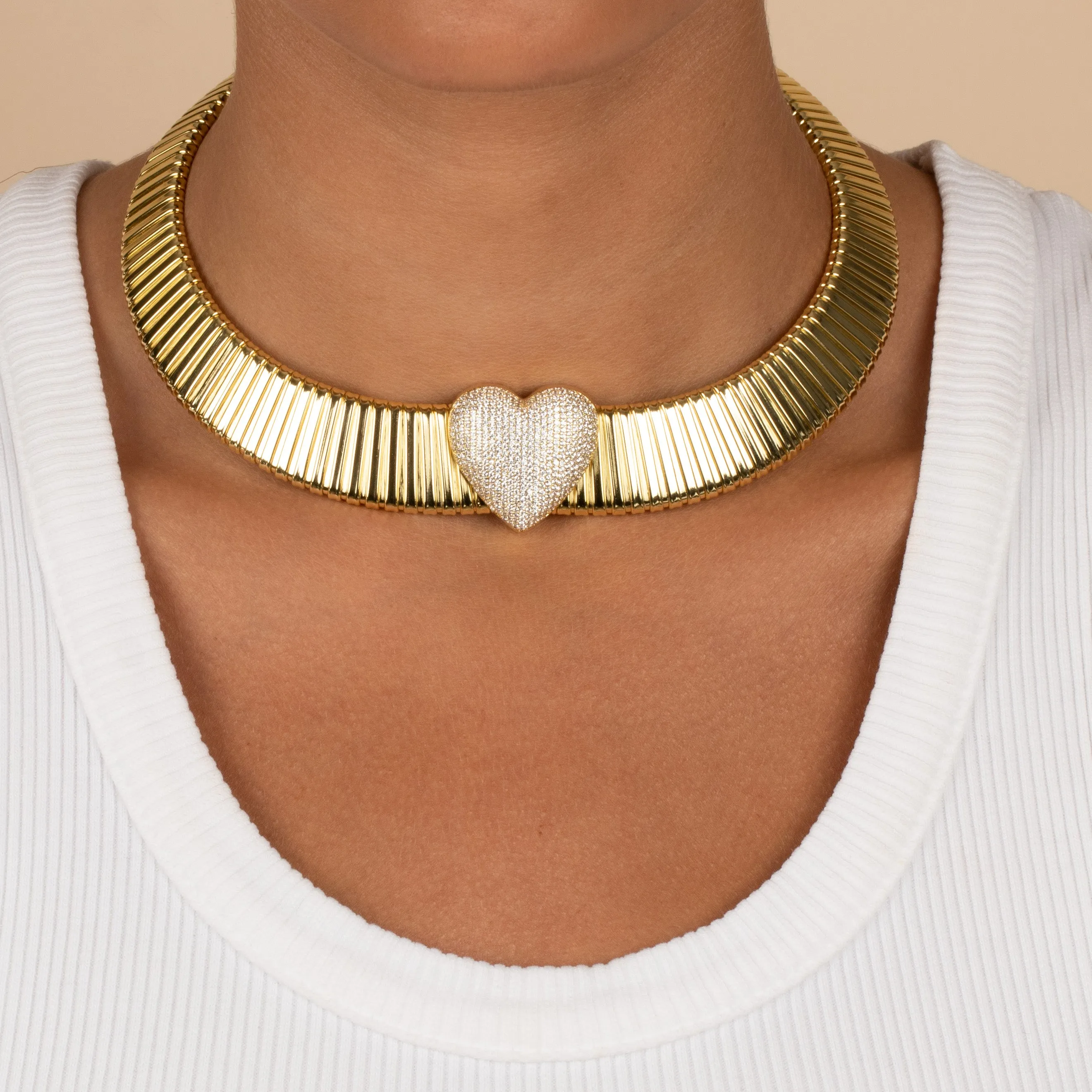 Pave Accented Heart Snake Chain Necklace