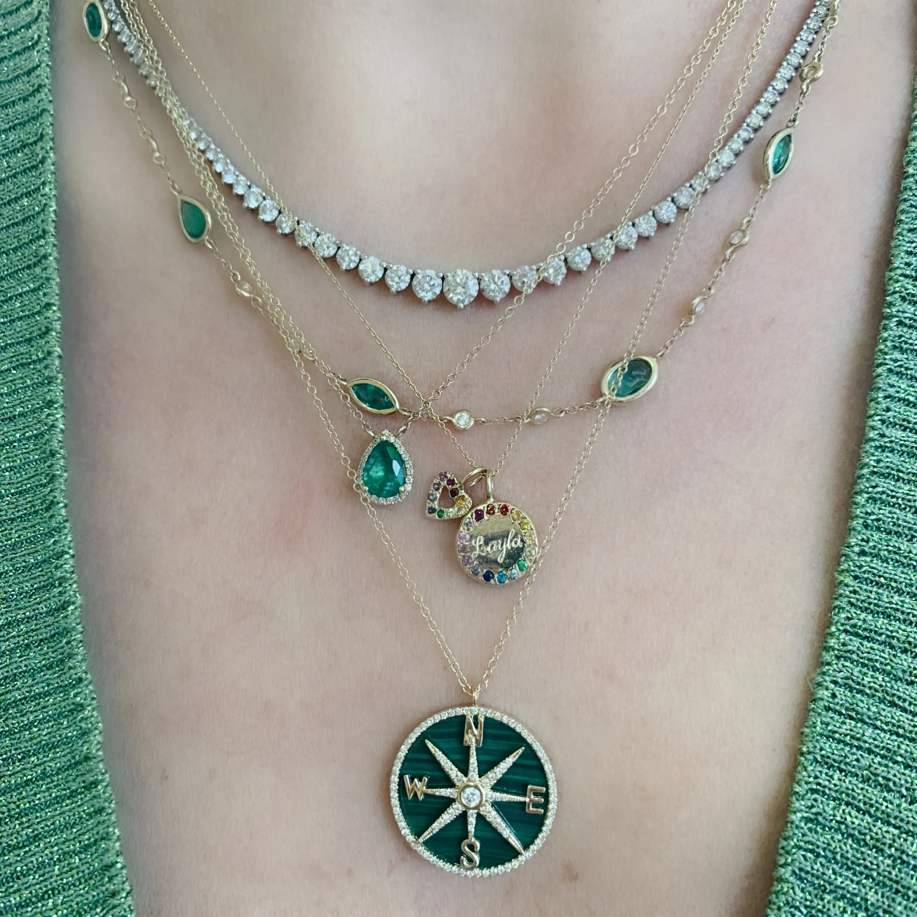 Pear Shape Green Emerald with Pave Diamond Frame Necklace