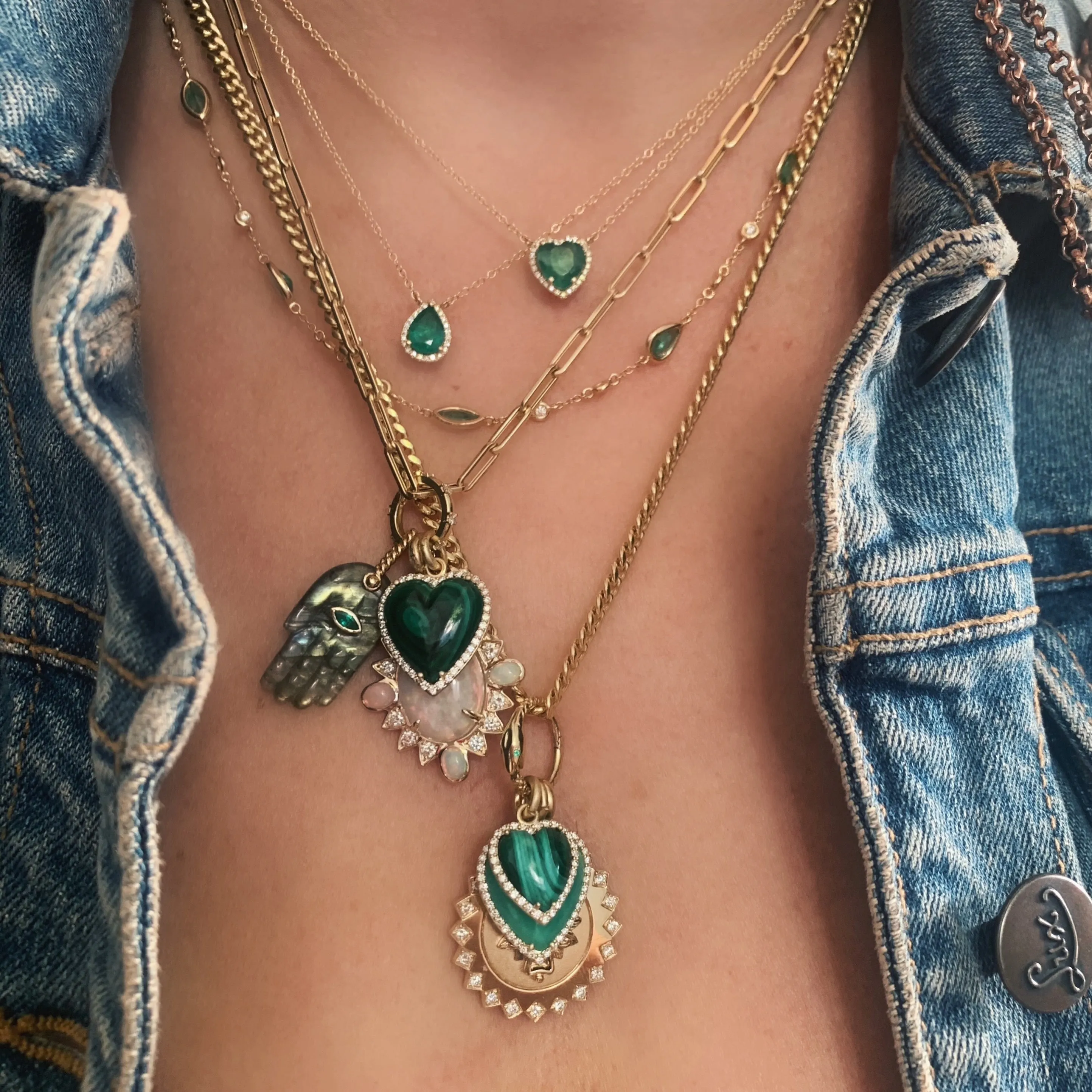 Pear Shape Green Emerald with Pave Diamond Frame Necklace
