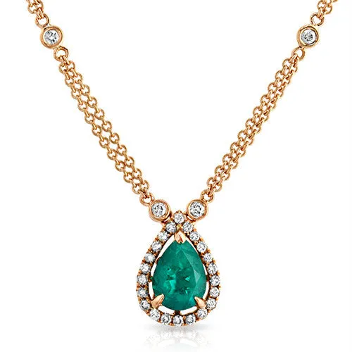 Pear Shaped 1.35ct Emerald Stone Accented with 0.54ct Round Diamonds in 18k Rose Gold Pendant Necklace