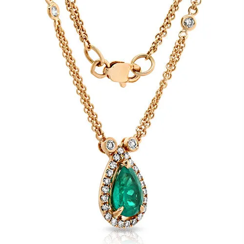 Pear Shaped 1.35ct Emerald Stone Accented with 0.54ct Round Diamonds in 18k Rose Gold Pendant Necklace
