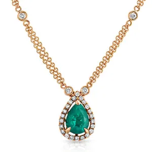 Pear Shaped 1.35ct Emerald Stone Accented with 0.54ct Round Diamonds in 18k Rose Gold Pendant Necklace