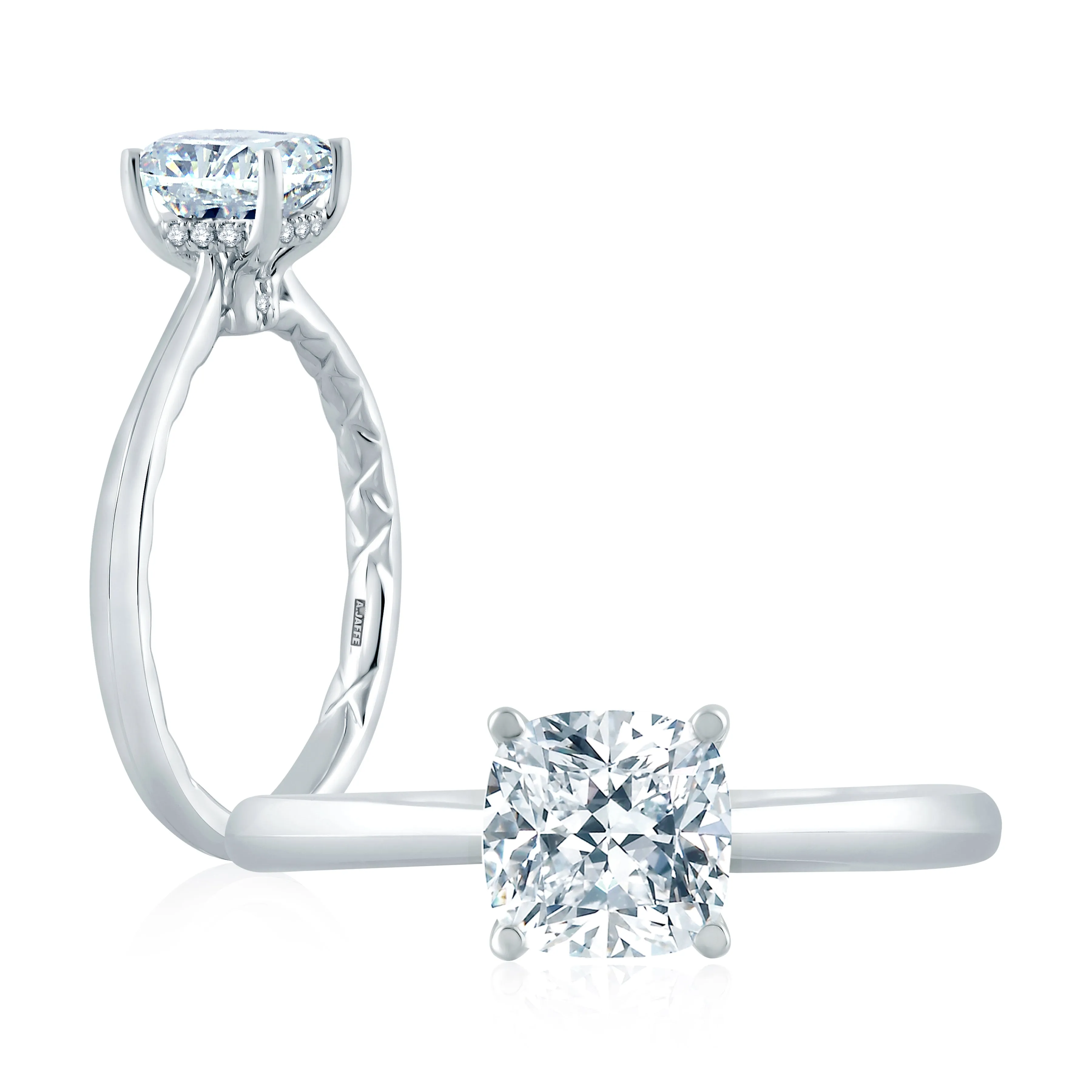 Peek-A-Boo Pave Profile Cushion Center Diamond Quilted Engagement Ring