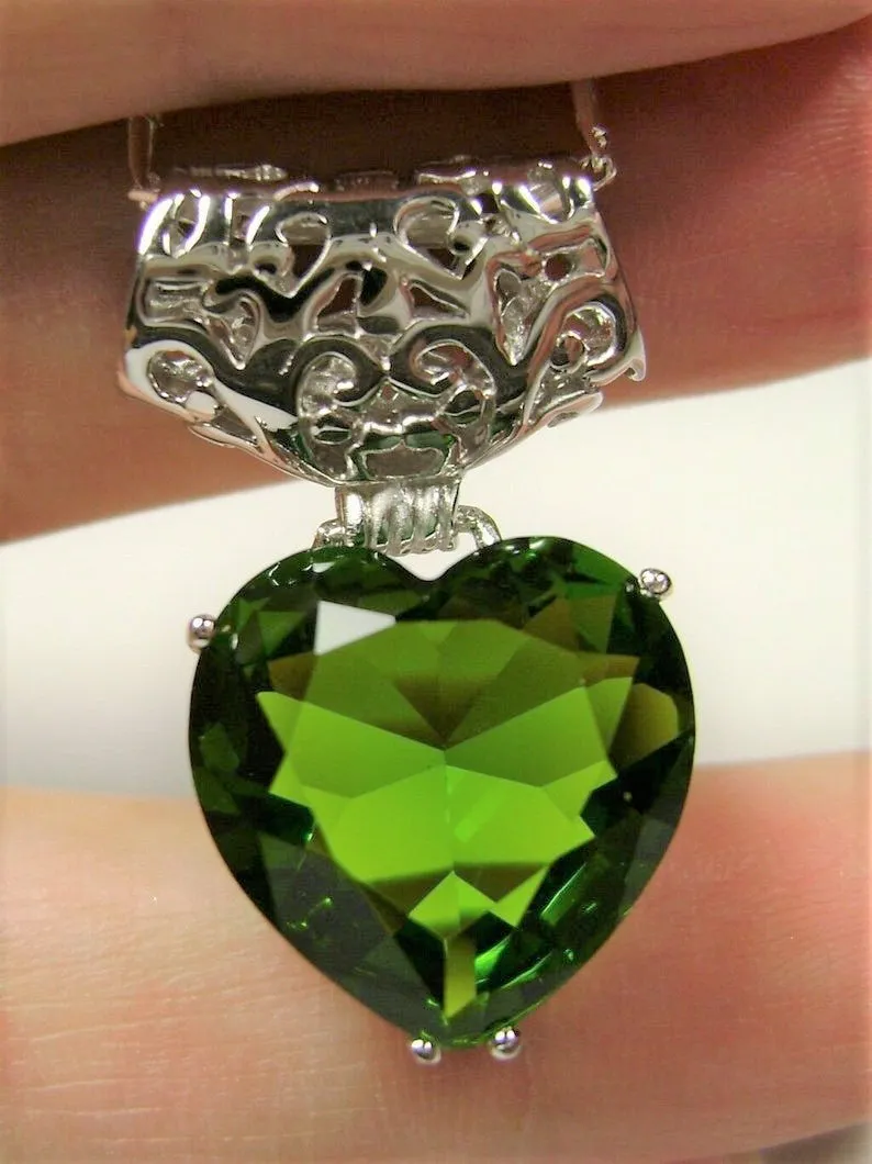 Peridot Pendant, Heart Gem, Art Nouveau Necklace #P38