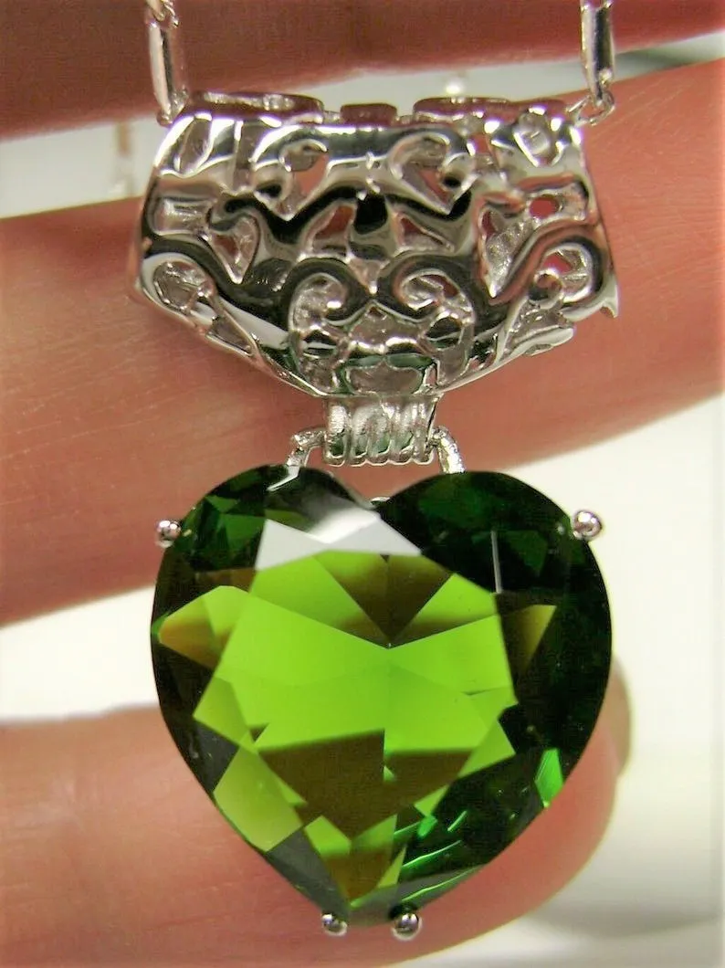 Peridot Pendant, Heart Gem, Art Nouveau Necklace #P38