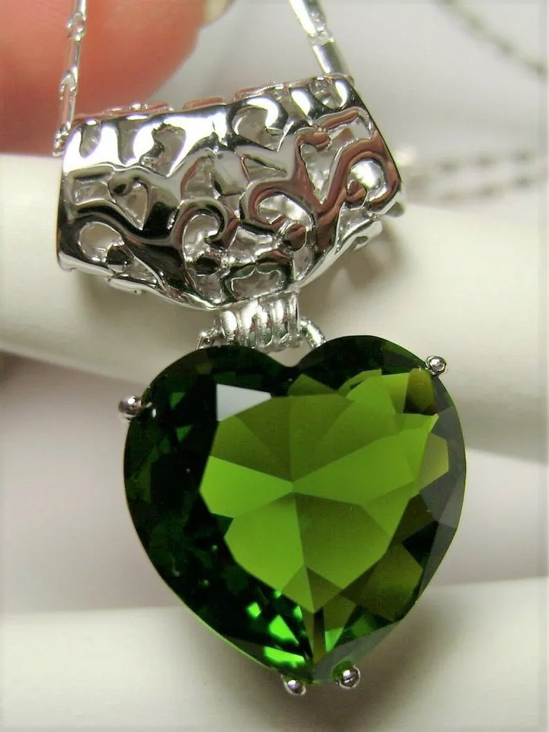 Peridot Pendant, Heart Gem, Art Nouveau Necklace #P38