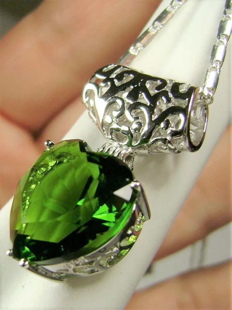 Peridot Pendant, Heart Gem, Art Nouveau Necklace #P38