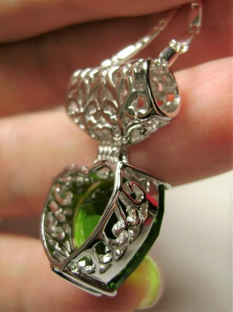 Peridot Pendant, Heart Gem, Art Nouveau Necklace #P38