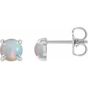 Platinum Cabochon Natural White Opal 4-Prong Claw Earrings