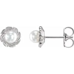 Platinum Cultured White Akoya Pearl Leaf Earrings