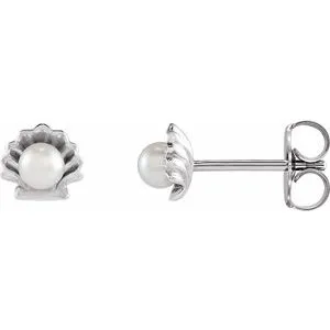 Platinum Cultured White Seed Pearl Shell Earrings