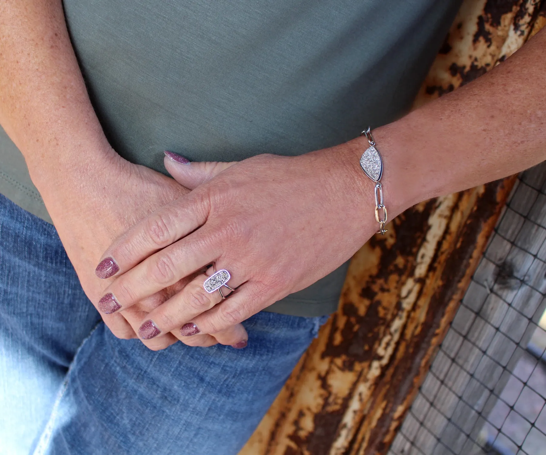 Platinum Druzy Long Link Sterling Silver Bracelet