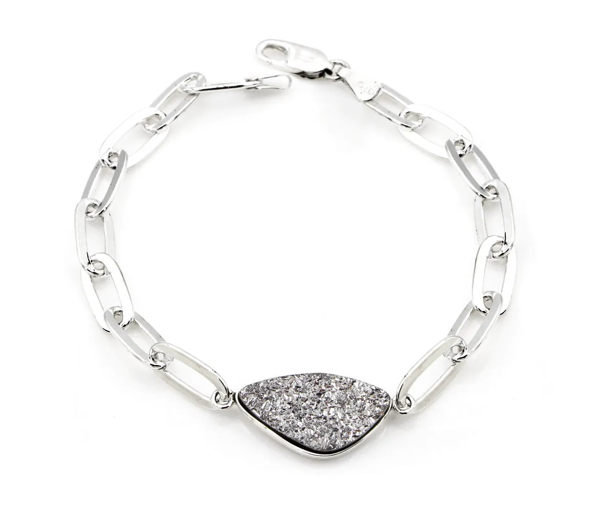 Platinum Druzy Long Link Sterling Silver Bracelet