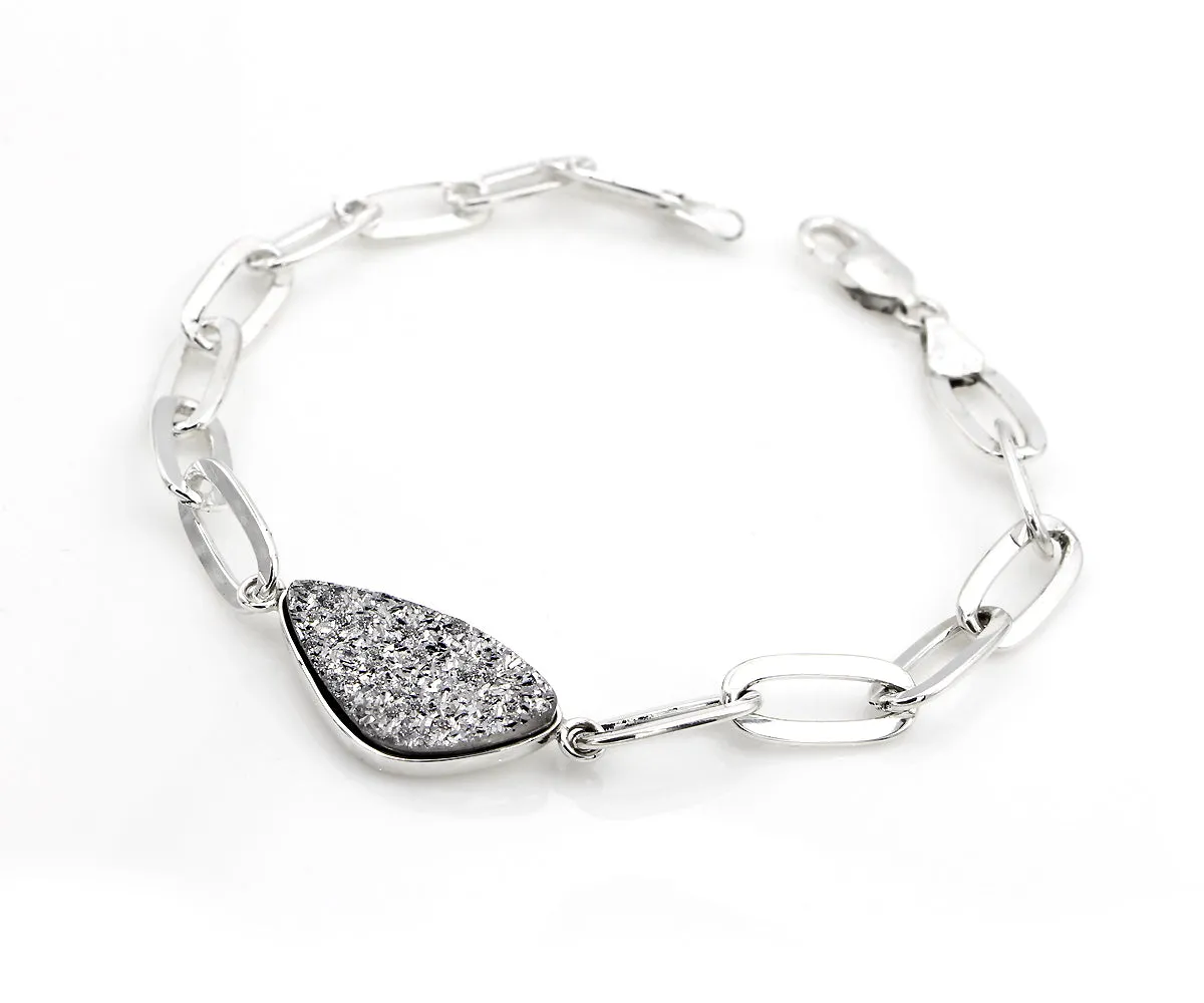 Platinum Druzy Long Link Sterling Silver Bracelet