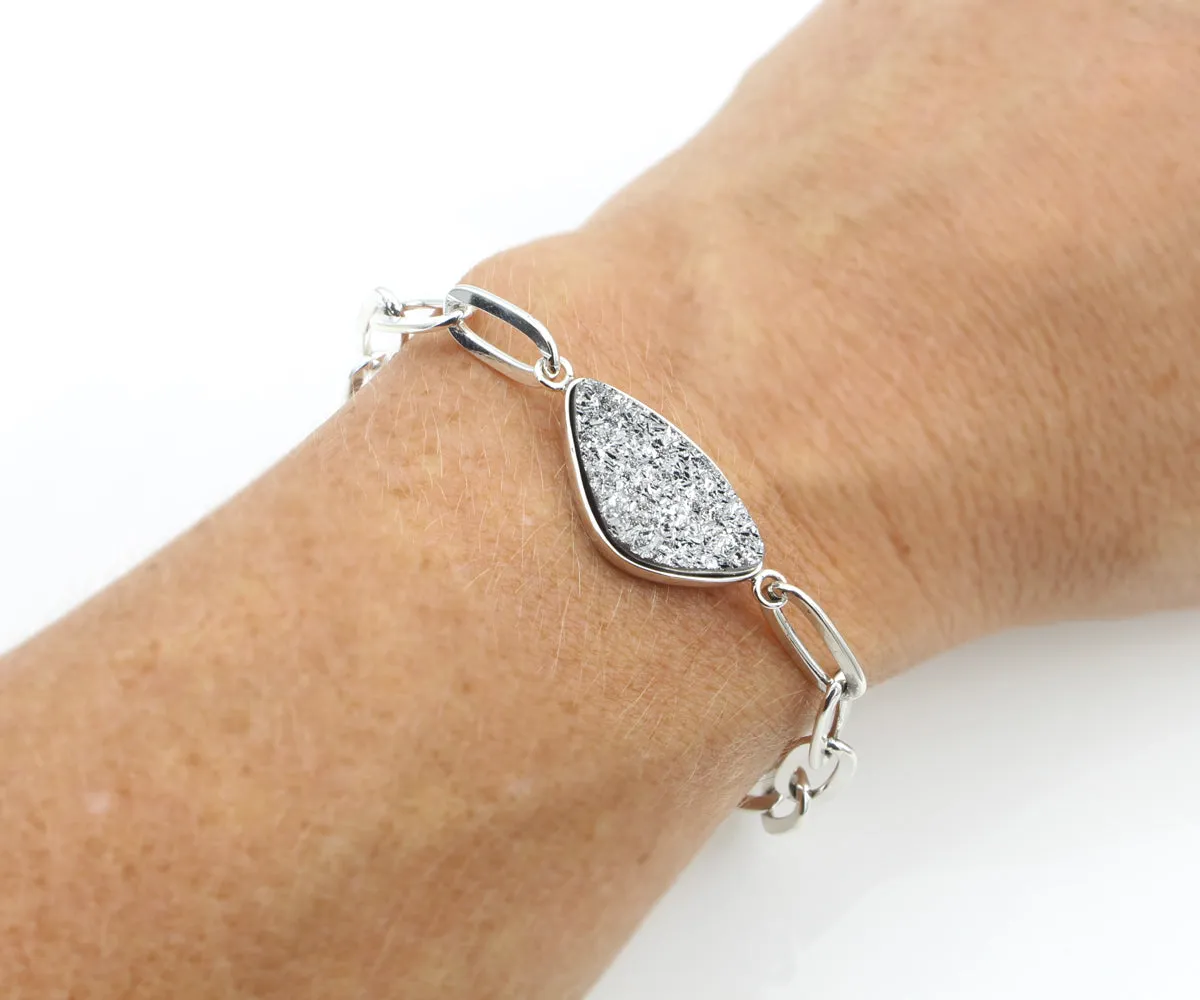 Platinum Druzy Long Link Sterling Silver Bracelet