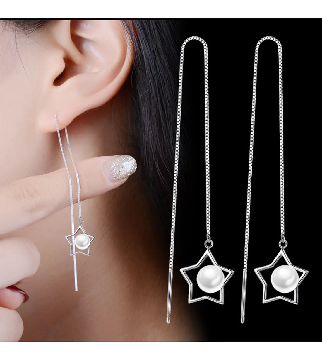 Platinum Plated White Pearl Star Shaped Drop Earrings