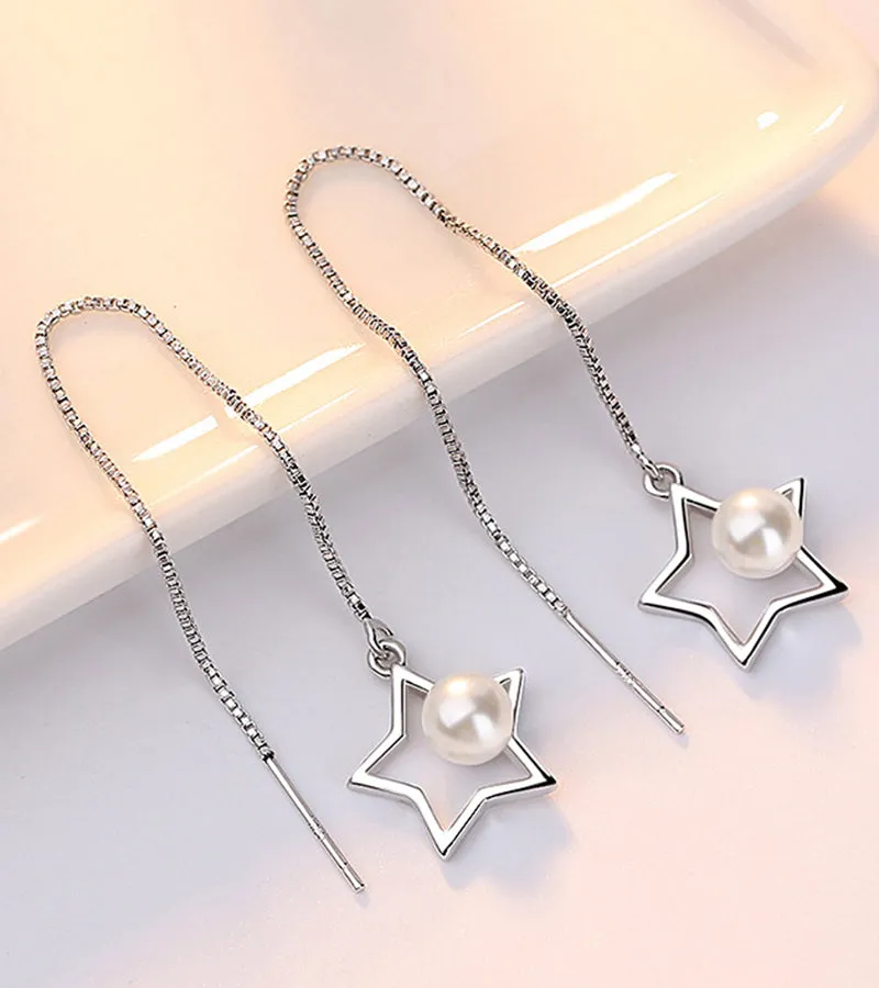 Platinum Plated White Pearl Star Shaped Drop Earrings