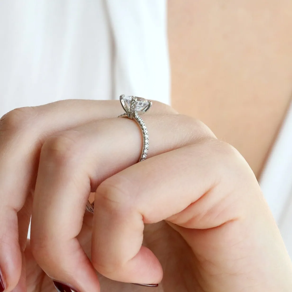 Platinum Prong-Set Ring Mount with Pave Diamond Shoulders and Prongs