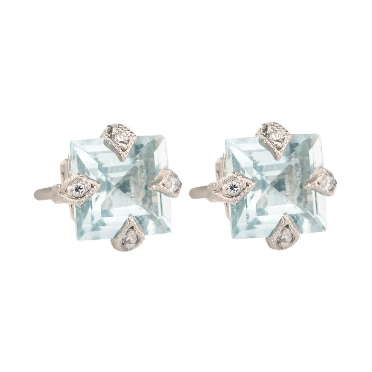 Platinum Prong-Set Square Aquamarine Post Earrings