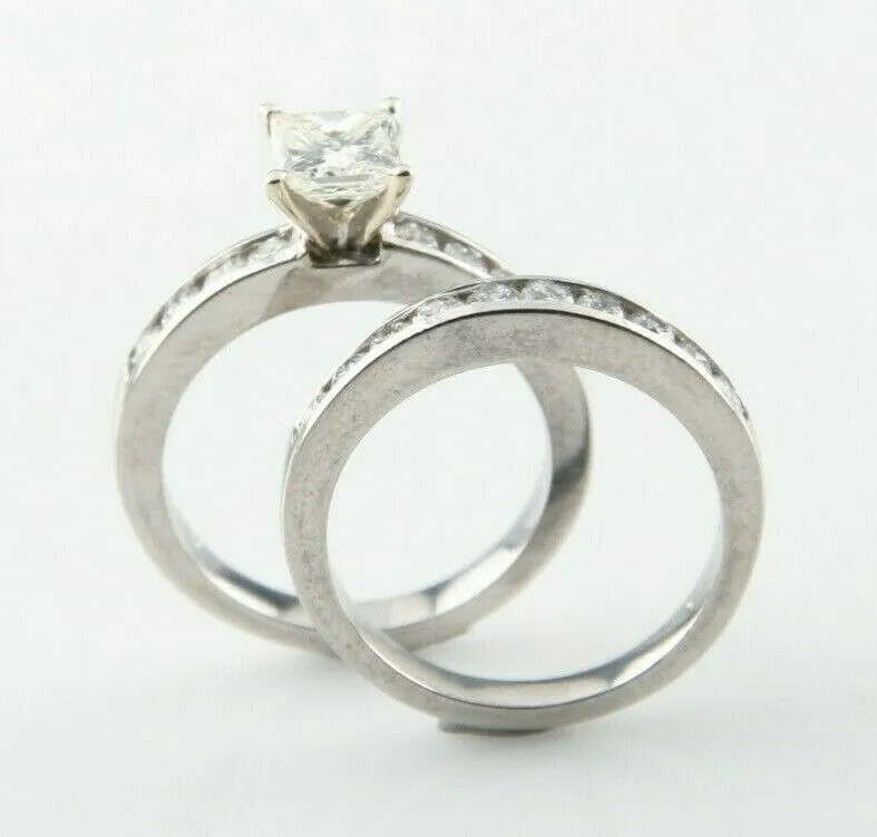 Platinum Two-Ring Diamond Wedding Set w/ 0.70 ct Princess Cut Solitiare Size 4