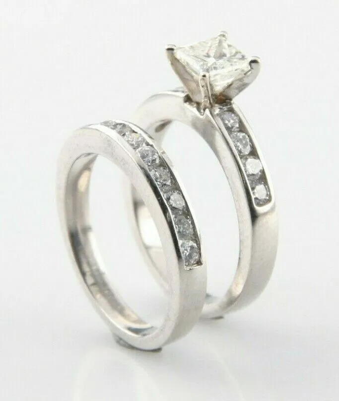 Platinum Two-Ring Diamond Wedding Set w/ 0.70 ct Princess Cut Solitiare Size 4