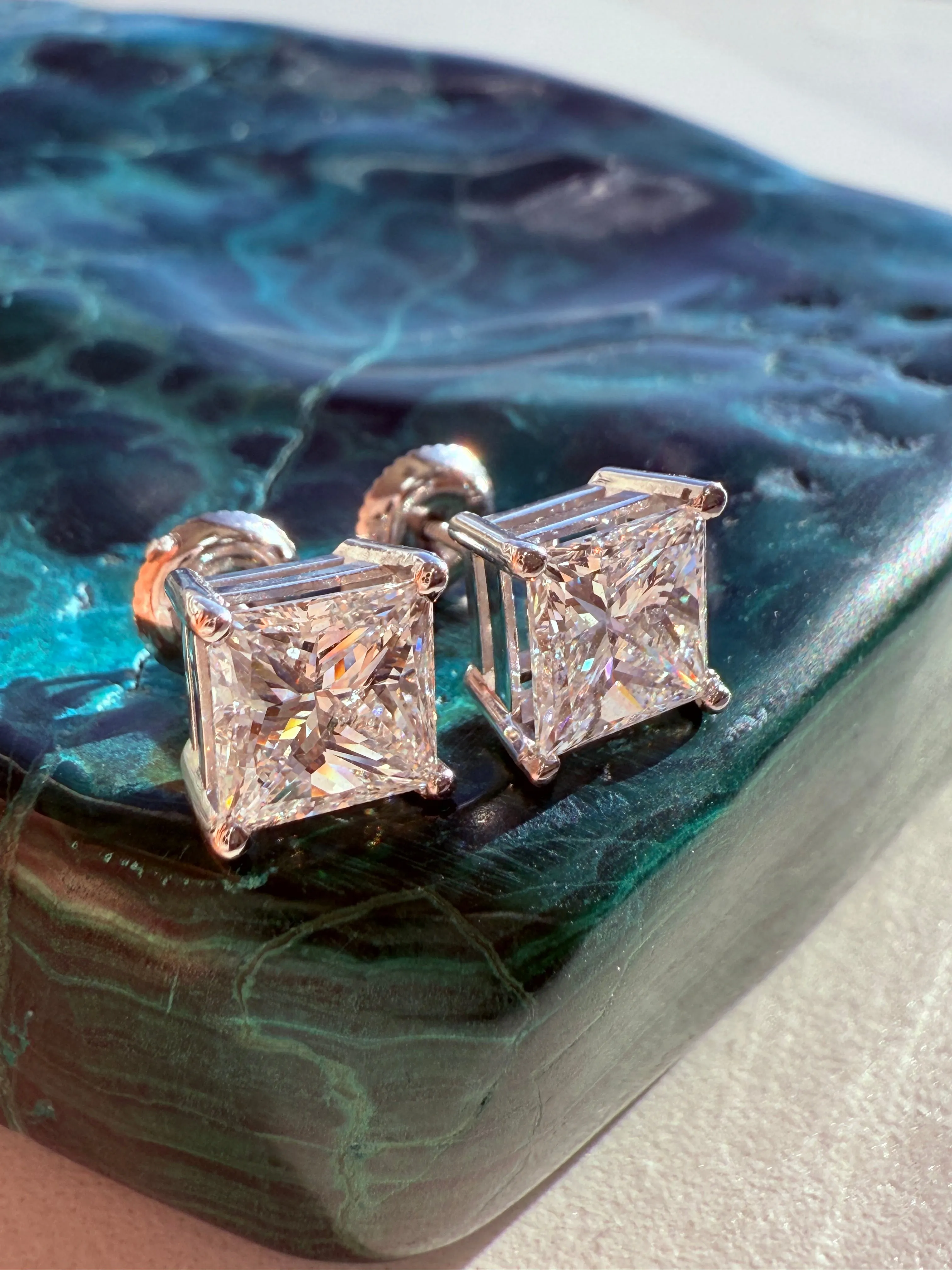 Princess Cut Diamond Studs 4.03ctw, 14k