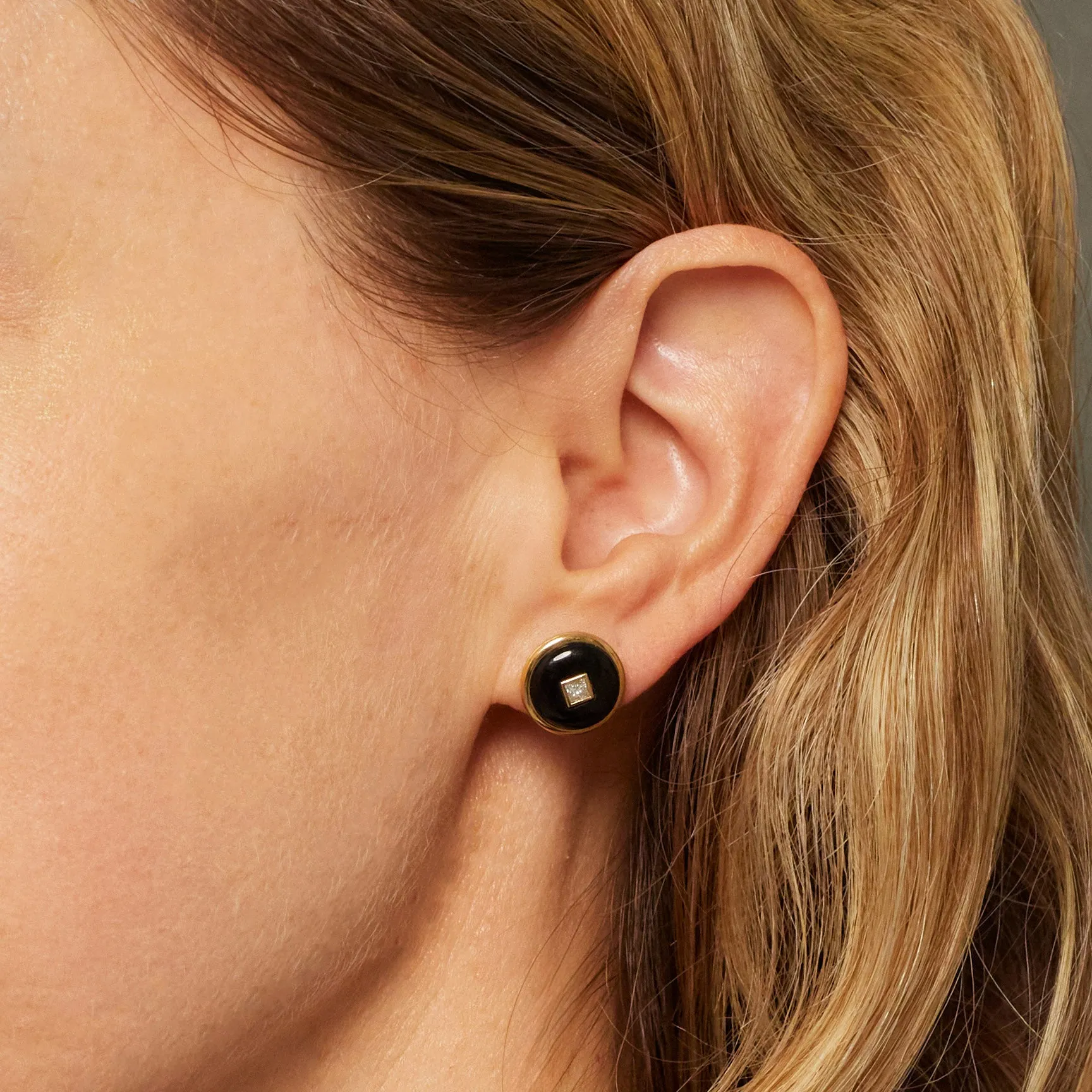 Princess Onyx Diamond Studs, 18K Yellow Gold,  Medium