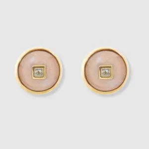 Princess Peach Moonstone Diamond Studs, 18K Yellow Gold,  Medium