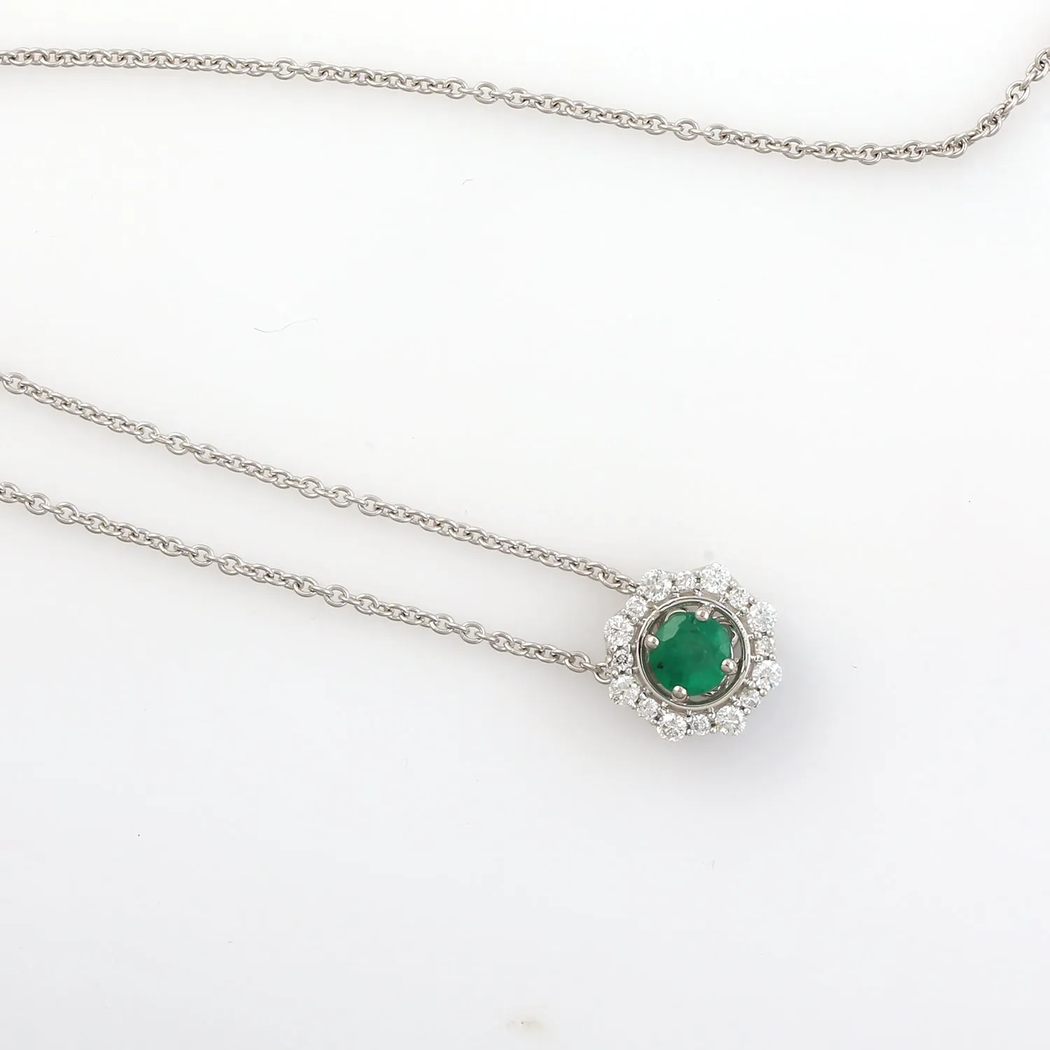Prong Set Emerald & Diamond Halo Octagon Chain Necklace In 14k White Gold