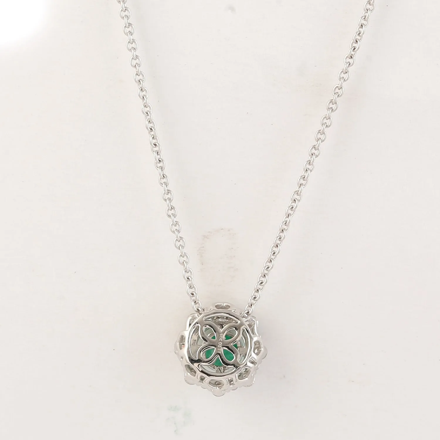 Prong Set Emerald & Diamond Halo Octagon Chain Necklace In 14k White Gold