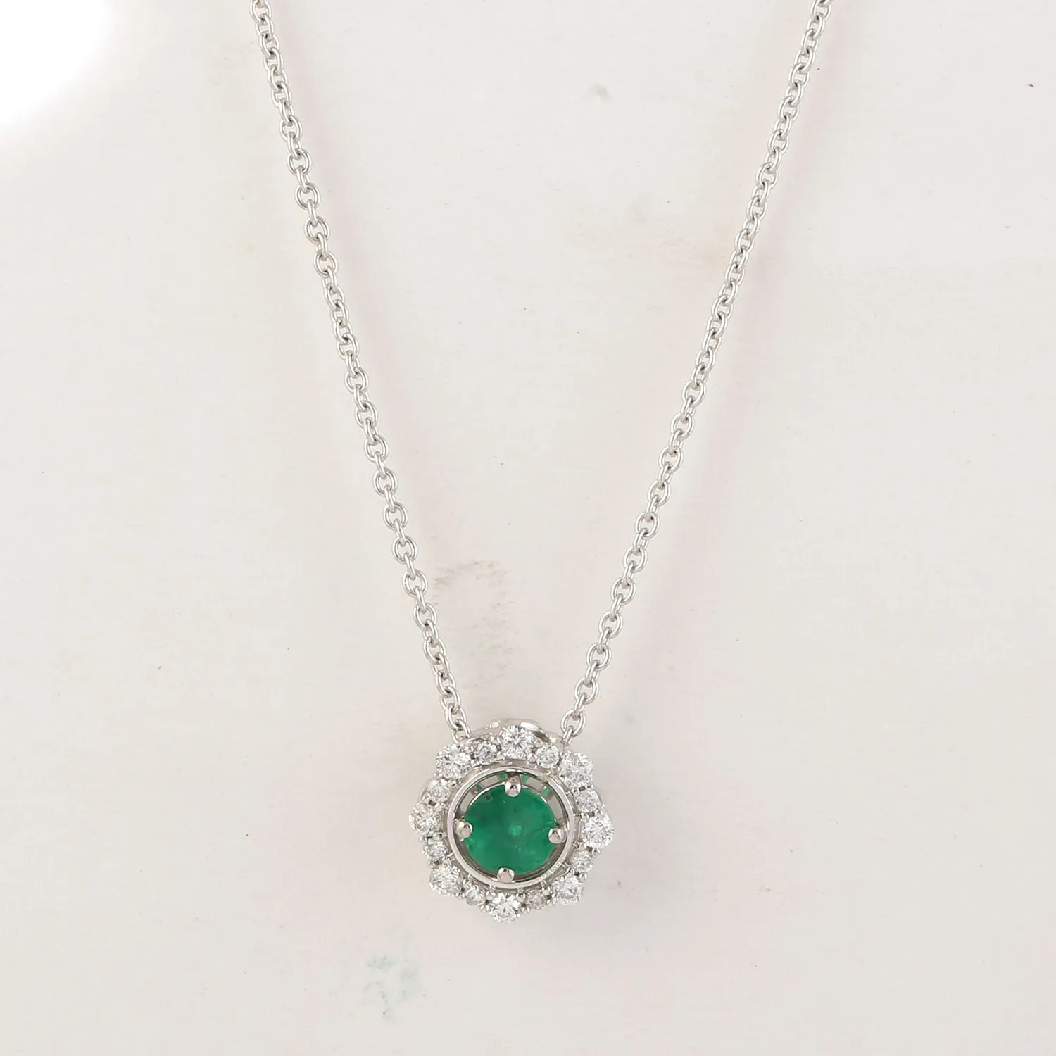 Prong Set Emerald & Diamond Halo Octagon Chain Necklace In 14k White Gold