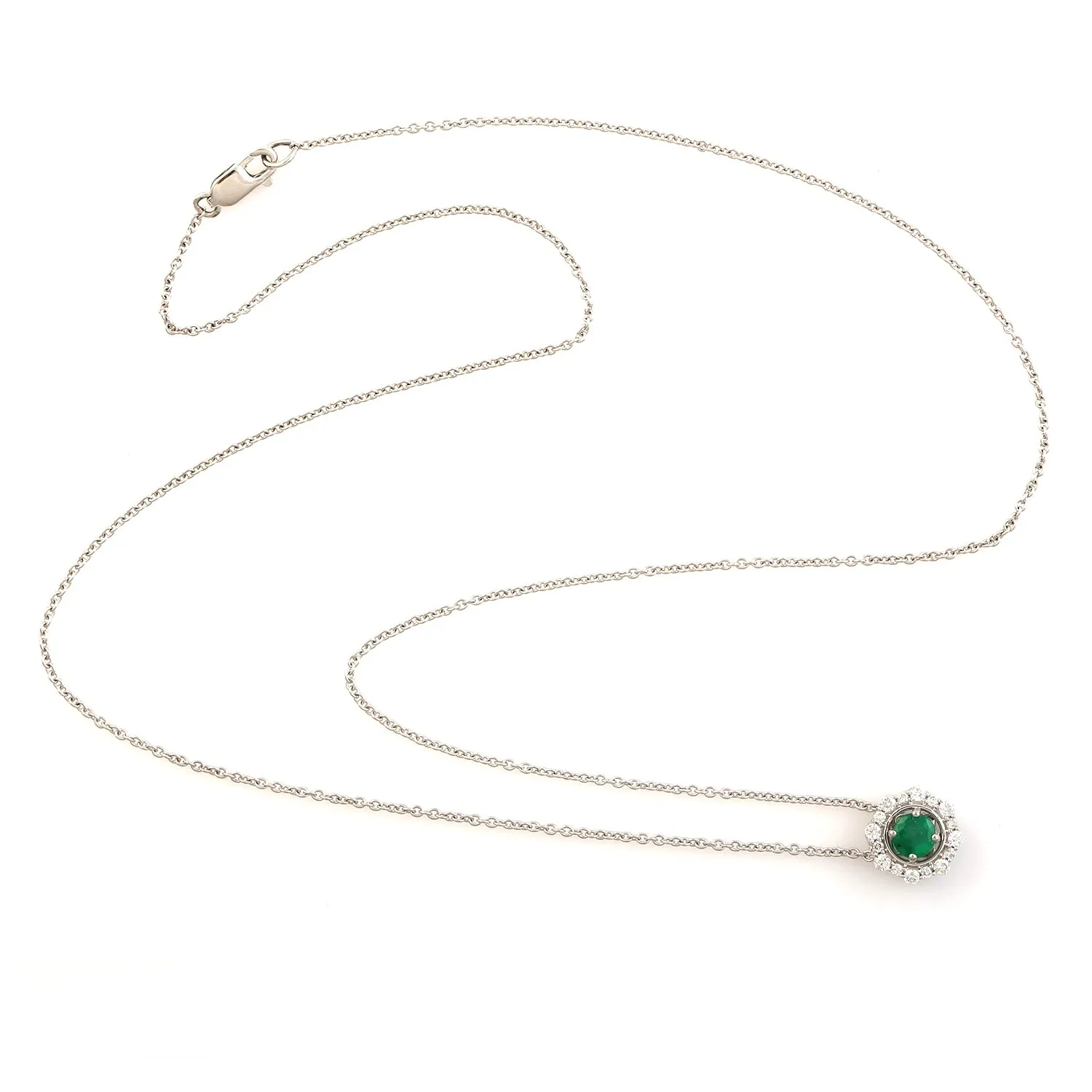 Prong Set Emerald & Diamond Halo Octagon Chain Necklace In 14k White Gold