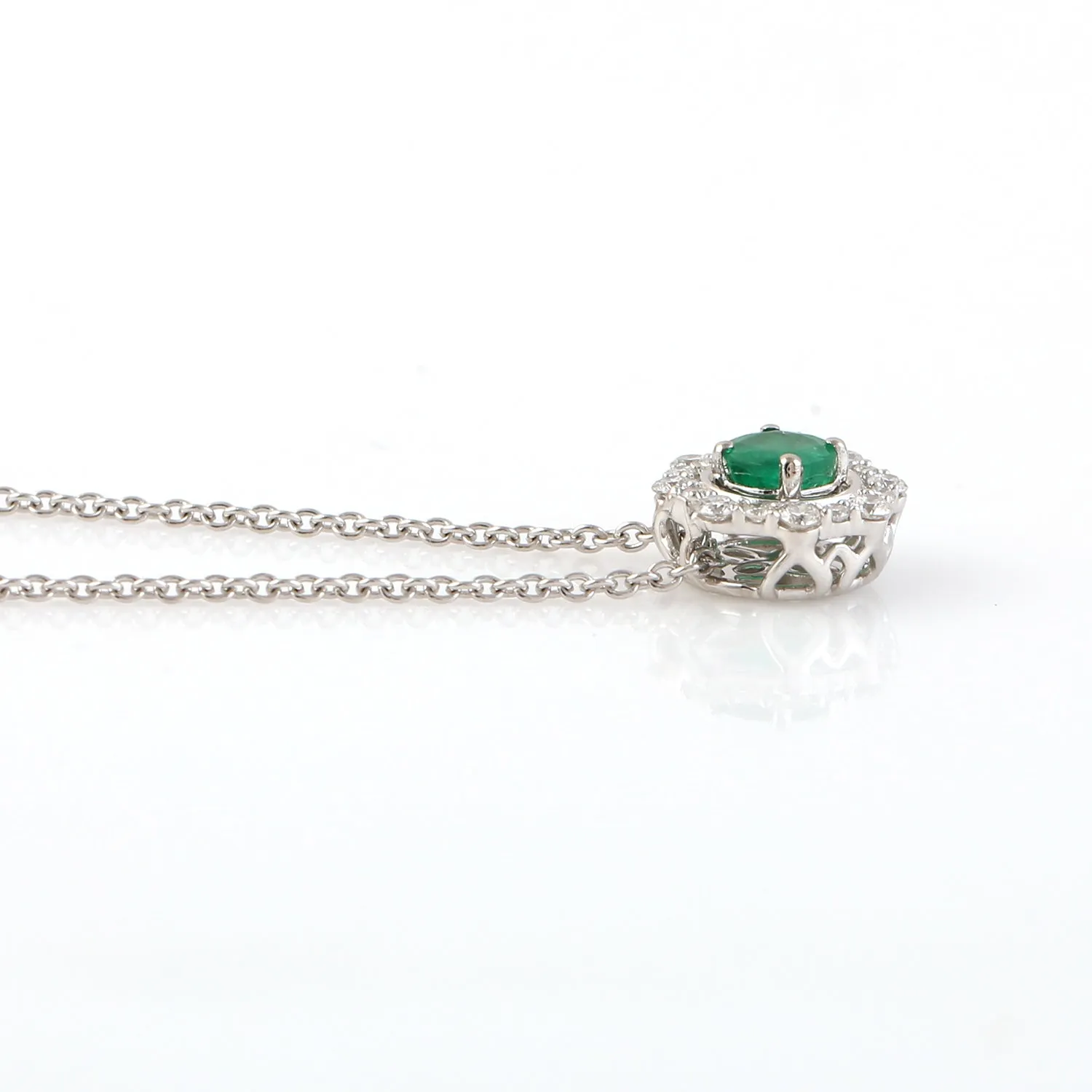 Prong Set Emerald & Diamond Halo Octagon Chain Necklace In 14k White Gold