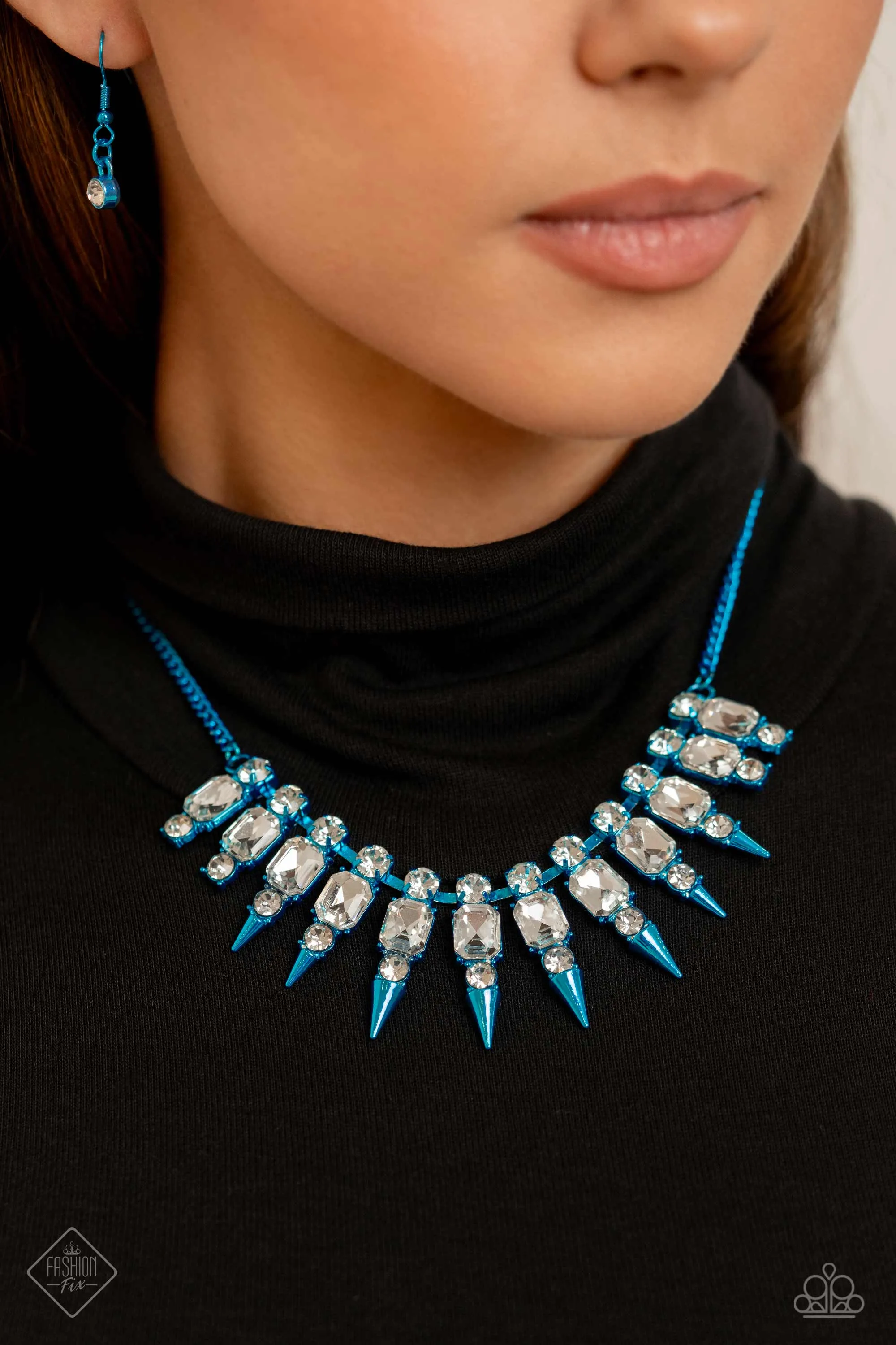 Punk Passion - Blue - White Rhinestone Metallic Paparazzi Short Necklace - December 2023 Magnificent Musings