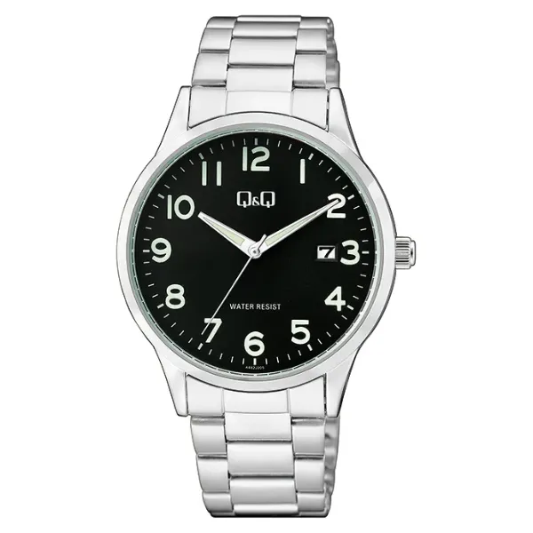 Q&Q Silver Stainless Steel Black Dial Quartz Watch for Gents - A482J205Y
