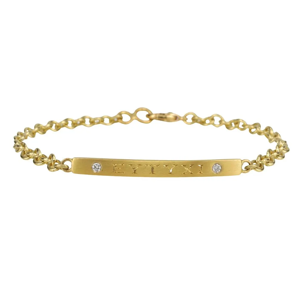 "Good Fortune to You" 18 & 20K Gold Bar Bracelet with Hand Engraved Lettering and Diamonds