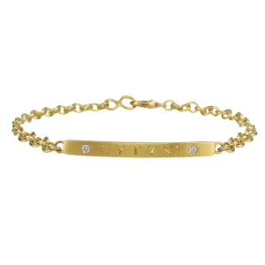 "Good Fortune to You" 18 & 20K Gold Bar Bracelet with Hand Engraved Lettering and Diamonds